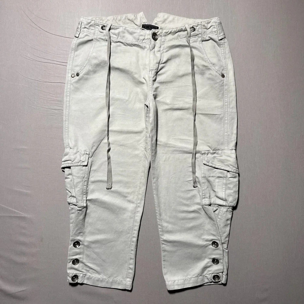 IKKS Cargo Pants Womens‎ 40 Light Gray Cropped Capri Drawstring Button Hem Twill